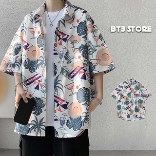BT3 短袖花襯衫 - 海灘寬鬆休閒男女襯衫