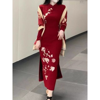 復古風新中式連衣裙 紅色百合花刺繡 東方美學江南才女氣質宴會裙 紅百合 旗袍, 紅百合  旗袍,M