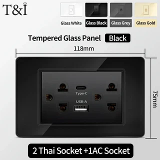 미국산 블랙 강화유리 16A 2구 조명 스위치 118x75mm 플러그 USB C타입 고속 충전 118 시리즈 멕시코 벽면, 04 Glass Black, 22 2Thai-AC