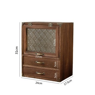 精選好物 海棠花復古木質玻璃化妝品首飾收納櫃，帶抽屜新中式桌面收納盒，精緻木質玻璃，多層分類，桌面收納, 1個, 桐木玻璃單門櫃