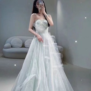 【婚紗】2025新款晚禮服裙高級感輕奢法式敬酒服新娘訂婚長洋裝拖尾婚禮洋裝, 淺綠色,4XL, 淺綠色