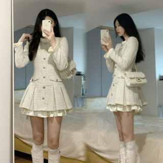 Asure 트위드원피스 프릴 슬림핏 플리츠 미니원피스