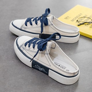 A+精選 半拖帆布鞋 懶人鞋 無後跟小白鞋, 米色【餅乾鞋】半拖,35