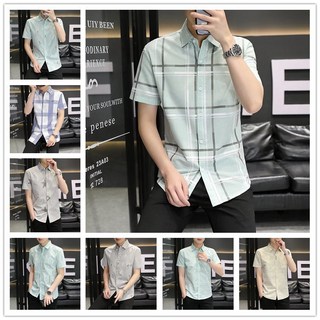 2026年新款夏季男式短袖襯衫 青少年時尚翻領格子休閒商務襯衣