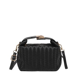 韓版手提小方包女包2025冬新款編織紋輕奢單肩包高級感斜挎包, 黑色