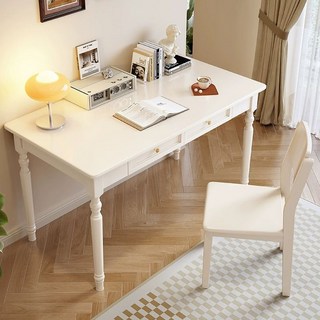 유럽풍 엔틱 책상 빈티지 인테리어 디자인 클래식 데스크 서재 원목, 아이보리 화이트 싱글 테이블