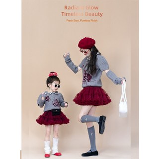 一起玩親子裝母女韓國INS風手工勾花翻領毛衣配袖套童設計感毛衣