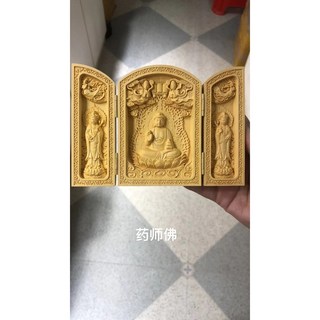 【熱銷新品】黃楊木雕刻家居擺件 中式擺件 隨身佛龕 佛像 觀音 菩薩 三清三開盒 清水祖師 三寶如來 木雕佛像, 扁開藥師佛