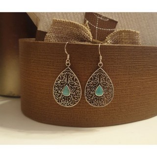 水晶森林手創館925純銀復古尼泊爾風綠松石捕夢網耳環，手工波西米亞風耳飾