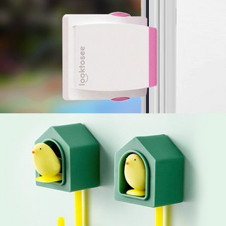 [쎈사] 1인가구 창문잠금장치 도어스토퍼 방범장치 새모양후크걸이 소품걸이 패키지, 브라운+그린x옐로우