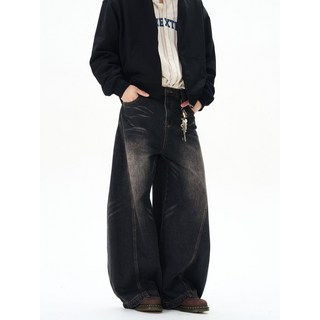 美式街頭水洗彎刀牛仔闊腿褲