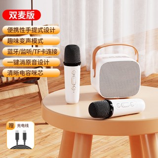 藍牙音響K歌話筒一體戶外無線唱歌家用兒童迷你小音響帶麥克風, 如圖, D01米白—中文版音響+雙麥(盒裝)