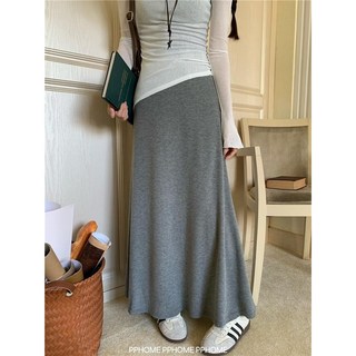 夏季休閒垂感半身長裙 灰色百搭慵懶風 軟糯有型, 黑色 常规,S