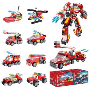 積木賽車機器人汽車，兼容樂高變形小積木車，益智玩具多款造型, 1個, 消防款-小賽車一盒