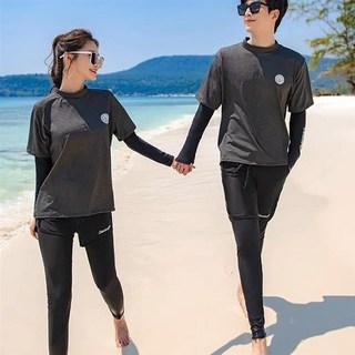 情侶泳衣潛水衣假2件防曬上衣分體兩件式三件式泳衣速乾浮潛衣衝浪水母衣遮肚顯瘦泳衣女長泳褲短褲男五分泳褲溫泉泳裝, 2406男款上衣+五分褲,M