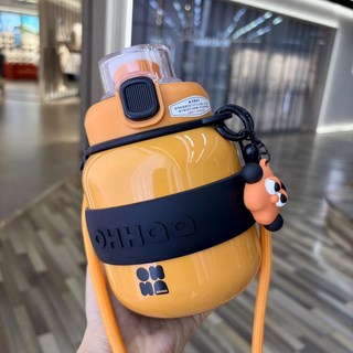 316不鏽鋼保溫杯 大容量吸管水杯 便攜學生水壺, 奧哈大肚杯800毫升黑橙+公仔,帶提繩加揹帶+杯刷吸管刷, 1個