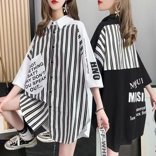 大尺碼雪紡拼接T恤襯衫 顯瘦中長款半袖寬鬆上衣