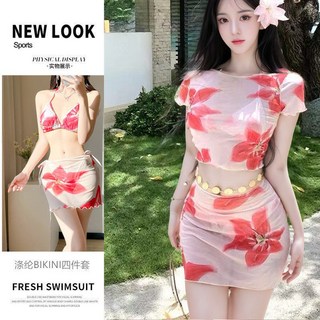 MISS·更衣室 海島度假比基尼四件套 性感印花泳裝 韓系溫泉海邊寫真泳衣, 紅色89075,L-2適合50-55公斤