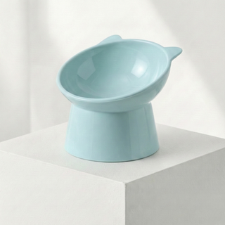 EIRAFUR 高腳貓碗 寵物碗 護頸碗 傾斜式 寬口不壓鬚 貓耳造型 增高貓碗, 藍色, 1個