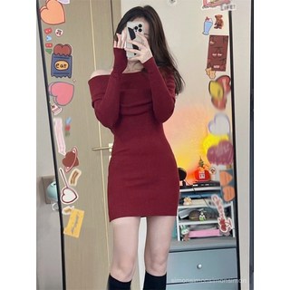 紅色一字肩長袖連身裙 顯瘦包臀裙, 紅色,XL