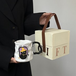 陶瓷杯伴手禮品，高級感造型水杯，獨特生日禮物/開業活動禮盒/交換禮物, 不規則-黑貓（紫色）【香檳金禮盒】, 1個