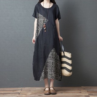 다중성 여성 빅 사이즈 미디 반팔 면 린넨 원피스