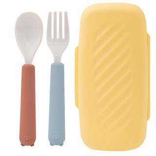 도리도리 국산 프리미엄 실리콘 에코젠 곰돌이 이유식 스푼포크 set, 1개, 스푼+포크+케이스, 블루+피치