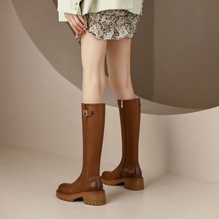 過膝靴 真皮高跟長靴 不過膝騎士靴 長靴 棕色 英倫風 圓頭粗跟靴 加絨長筒靴女 厚底靴 長筒靴9Y01