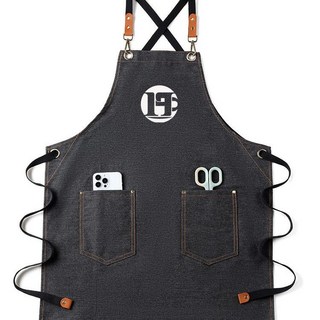 熱銷 2025新款新款圍裙工作服耐磨洋氣髮型師印製牛仔加長黑色咖啡廚房, 1個, 牛仔黑無小口袋