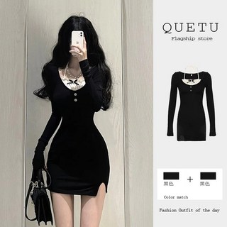 QUETU 純欲風黑色連衣裙 小洋裝 春秋修身顯瘦小個子包臀短裙 約會百搭短裙