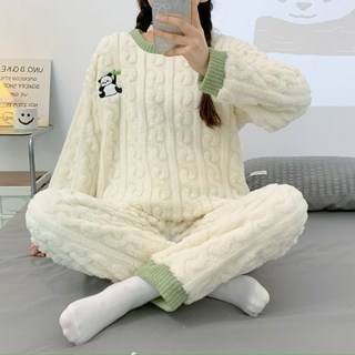 珊瑚絨睡衣女款冬季加厚保暖長袖寬鬆甜美綠恐龍法蘭絨家居服套裝Doly