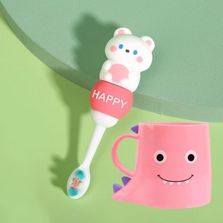 兒童牙刷1-3-6嵗以上可愛超萌卡通軟毛萬毛護齒寶寶嬰幼兒乳牙刷, 粉色萌萌熊+粉恐龍杯, 1個