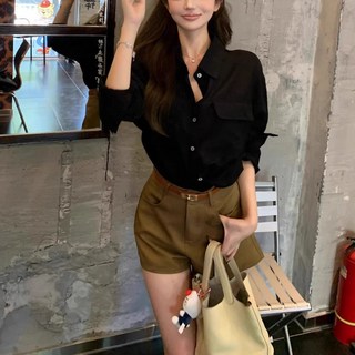 赫本風法式小衆黑色襯衫 女夏正肩獨特氣質長袖襯衣 早秋設計感上衣