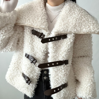 핏몬 여성 오버핏 양털 뽀글이 무스탕 하이넥 퍼 숏 코트