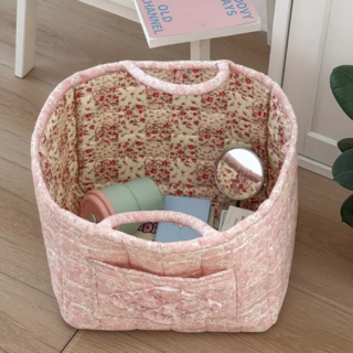 다용도 대용량 러블리 플라워 패턴 수납 바구니 정리함, 1개, 핑크 플라워