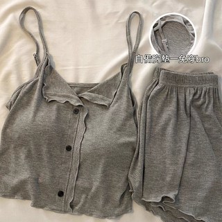 【台灣發貨】純慾風簡約棉質吊帶睡衣女款超火款性感家居服短袖套裝新款莫代爾棉睡衣女夏季吊帶兩件套帶胸墊純慾風大碼家居服女
