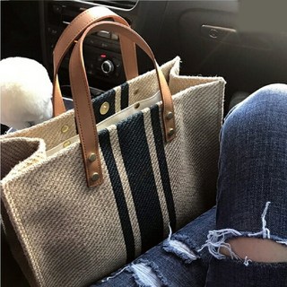 shiny藍格子簡約創意條紋帆布手提袋包 時尚百搭 輕巧耐用 展現您的獨特品味