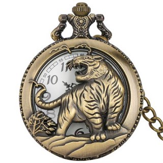 레트로 청동 호랑이 패턴 남자 쿼츠 포켓 시계 체인 아라비아 숫자 디스플레이 라운드 다이얼 빈티지 패션 선물 남여, 1) A Pocket Chain