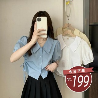 韓版綁帶設計感短袖襯衫 - 女裝上衣