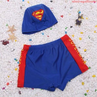 韓國新款可愛超人兒童泳衣褲男童卡通泳褲帶泳帽寶寶男孩大碼泳褲F13