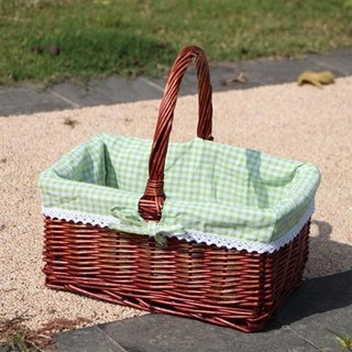 格森藤編野餐籃手提籃：手工編織購物籃、水果籃、收納籃、雞蛋籃 多功能用途, 無蓋棕色綠格布,加大號長45寬32高20, 1個