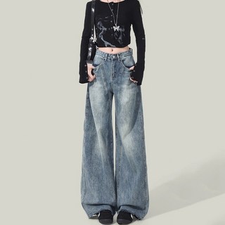 牛仔褲 美式復古 牛仔寬褲 復古藍牛仔褲 拖地褲 闊腿牛仔褲 寬鬆褲 梨形友善 原宿風 水洗褲 高腰牛仔褲