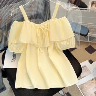 夏季法式一字肩吊帶襯衫設計感時尚蝴蝶結女士泡泡袖露肩洋氣上衣
