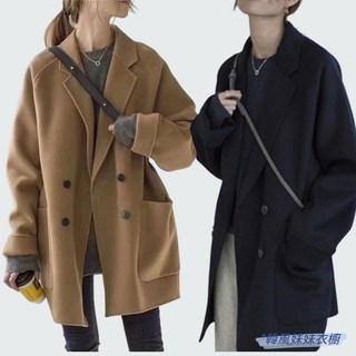 S-3XL 大尺碼毛呢外套 西裝領鈕扣韓版中長款大衣 秋冬復古寬鬆顯瘦外套