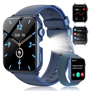 IOWODO R30MAX 스마트워치 1.91인치 HD 곡면 디스플레이 메시지 알림 수면 추적 100가지 이상 운동 모드 LED 손전등 IP68 방수 통화가능 스마트워치, 파란색, 3.7cm, 블루투스