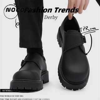 夏季新款德比男鞋大頭拉鍊商務正裝潮流防滑休閒黑色皮鞋男