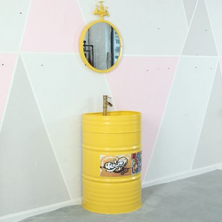 Shark家具 工業風油桶洗臉盆 個性KTV酒吧洗手台 落地立柱盆, 黃色帶鏡子（送水龍頭 下水）, 1個