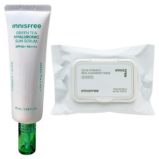 이니스프리 그린티 히알루론산 진정수분 선세럼 50mL+올리브 비타민 E 리얼 클렌징 티슈 30매, 1개, 150g