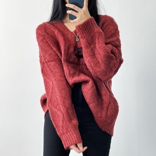 針織 女款 Ami 羊毛 V領 寬鬆 麻花針織衫