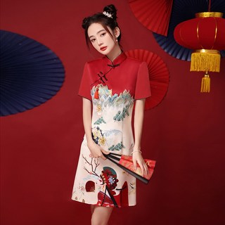 水水女人國 台灣現貨 復古中國風印花短旗袍：經典改良、時尚修身、性感開衩A擺連身裙, XL, 絕代風華